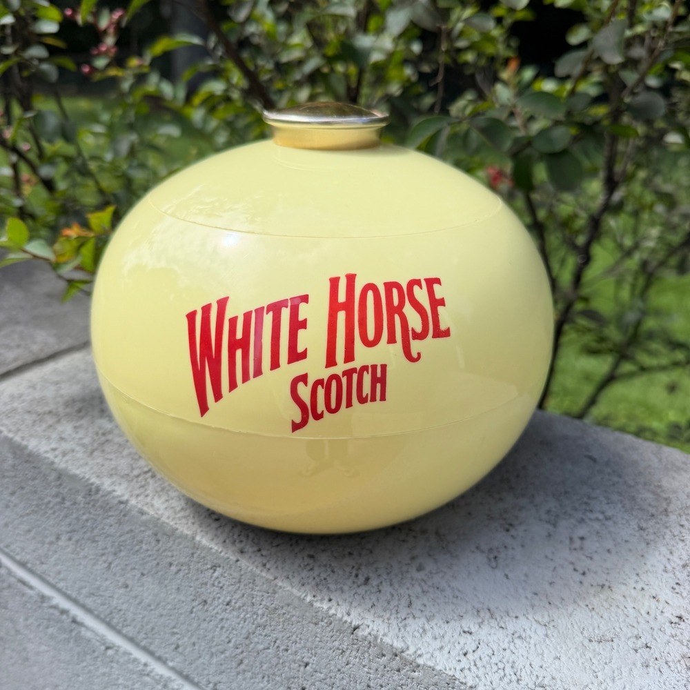 Vintage White Horse Scotch Advertising Ice Bucket with Lid Globe Shape Barware